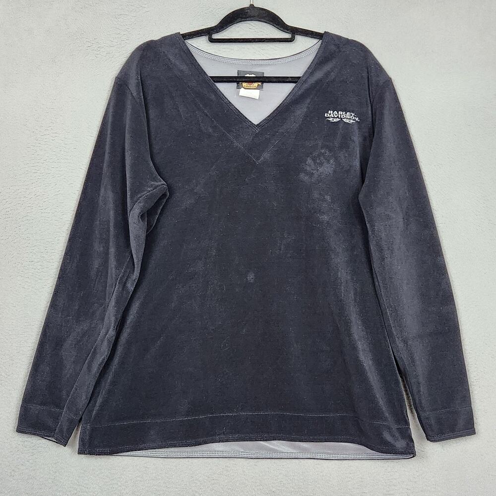 Harley-Davidson Shirt Womens XL Black Velour Long Sleeve V Neck Logo Embroidered